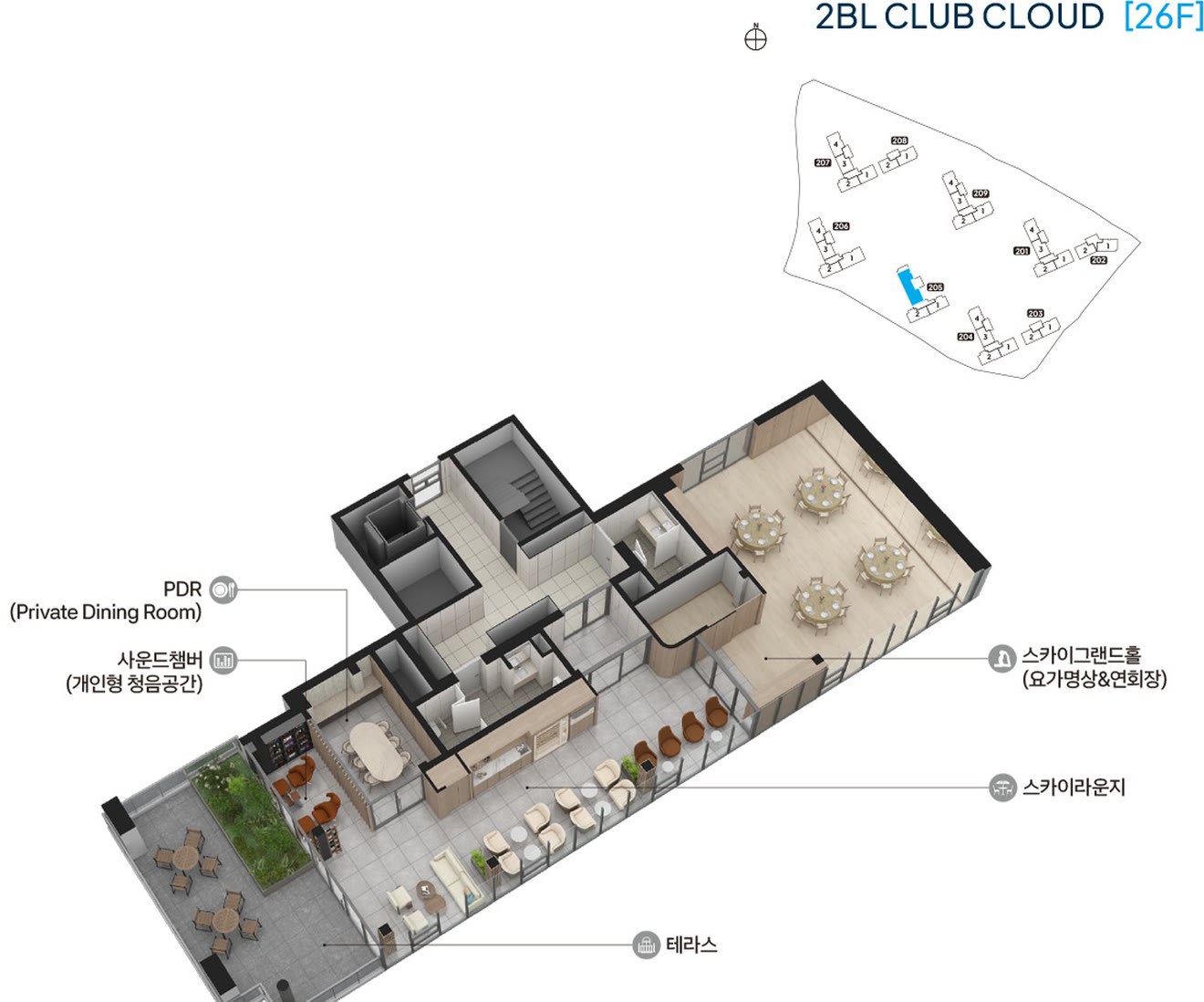 2단지 CLUB CLOUD 26층 평면 — PDR·사운드챔버·스카이그랜드홀(요가명상&연회장)·스카이라운지·테라스